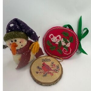 Vintage Christmas Ornament Lot 3pc 1981 Cross Stitch Mouse 2025 Cardinal Snowman
